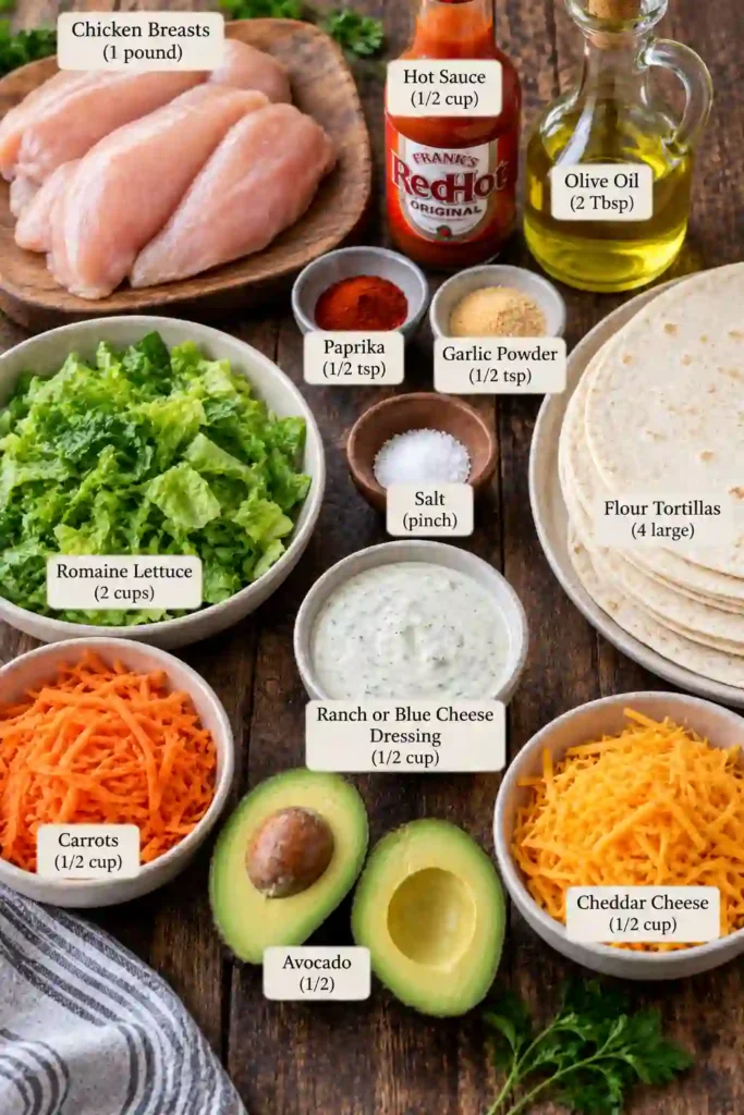 Fresh Buffalo Chicken Wrap sliced open to reveal spicy chicken, crunchy romaine, carrots, avocado, and shredded cheddar. Creamy ranch dressing adds a cool contrast to the buffalo chicken.