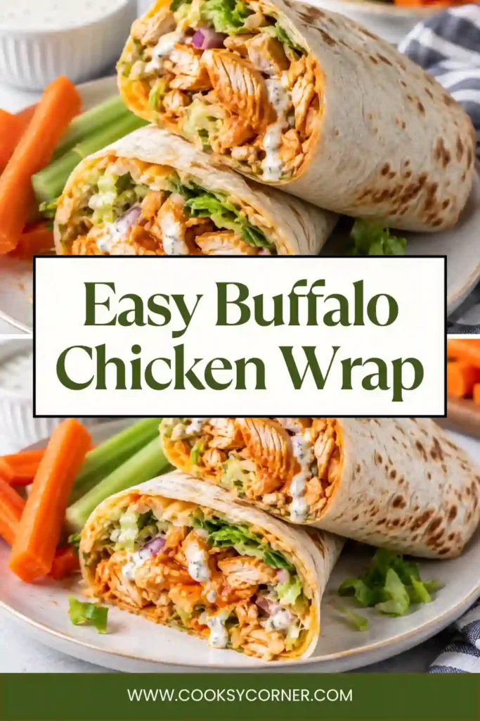 Easy Buffalo Chicken Wrap with tender hot-sauce chicken and fresh vegetables folded inside a soft flour tortilla. Creamy ranch and cheddar cheese balance the spicy buffalo flavor.