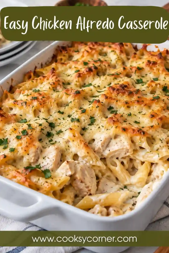 Baked Chicken Alfredo Casserole filled with creamy penne pasta and tender chicken beneath melted golden cheese. The comforting pasta bake has a rich Alfredo sauce throughout.