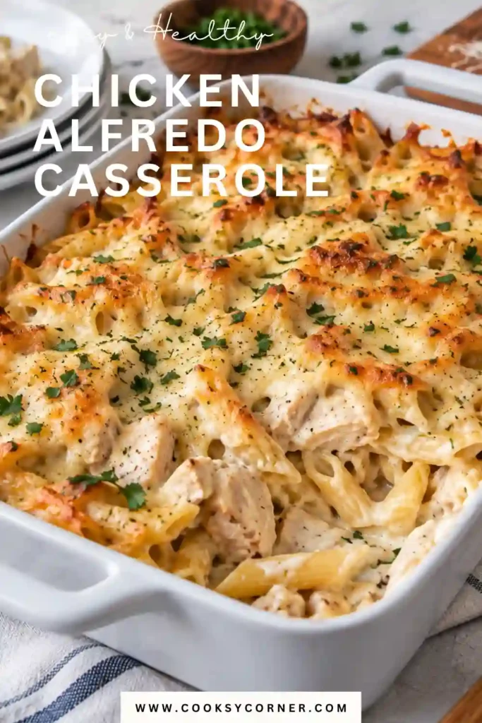 Creamy Chicken Alfredo Casserole baked with penne, bite-sized chicken, mozzarella, and cheddar. The cheesy chicken pasta bake is served warm in a casserole dish.