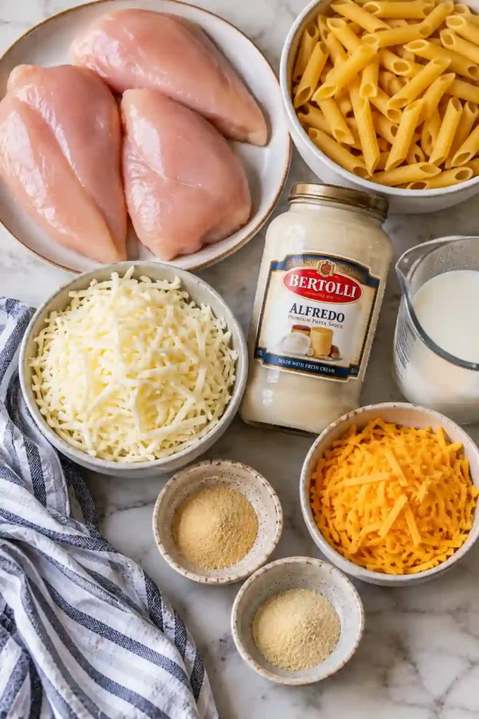 Cheesy Chicken Alfredo Casserole served hot with tender chicken, penne pasta, creamy white sauce, mozzarella, and cheddar. The top is melted and lightly golden from baking.