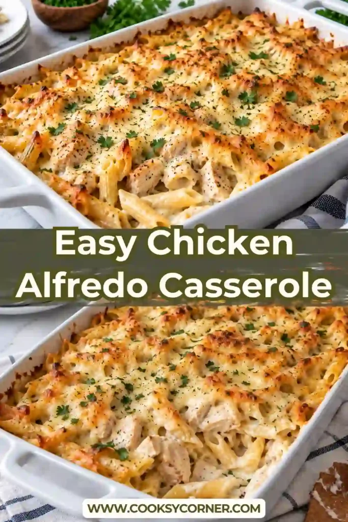 Chicken Alfredo Casserole with tender penne pasta, chicken, creamy Alfredo sauce, melted mozzarella, and cheddar cheese. The baked pasta casserole has a bubbly golden cheese topping.