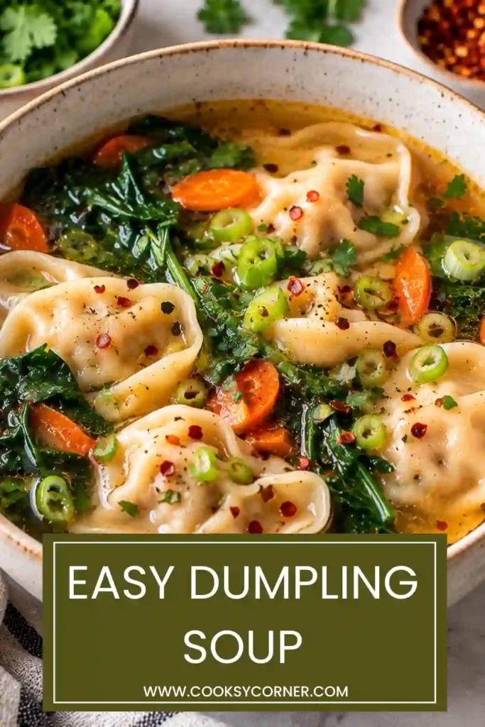 Homemade frozen dumpling soup with tender potstickers, colorful vegetables, sesame seeds, and sliced green onions. The ginger-garlic chicken broth makes this an inviting and comforting soup.