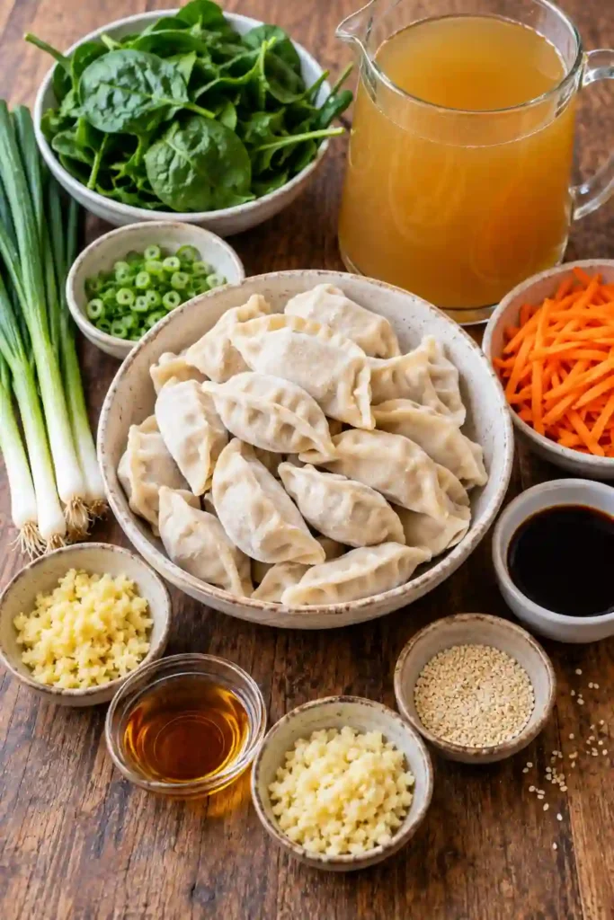 Warm chicken dumpling soup served with tender dumplings, carrots, wilted spinach, green onions, and sesame seeds. This easy potsticker soup has a savory ginger, garlic, sesame, and soy-flavored broth.