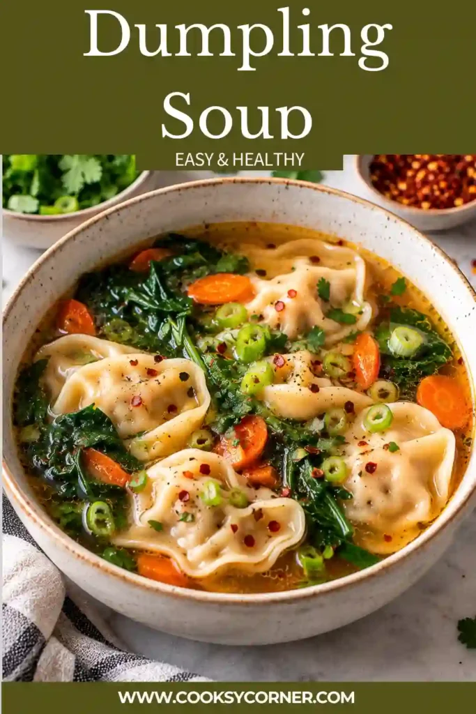 A bowl of Easy Dumpling Soup filled with potstickers, spinach, carrots, and green onions. The clear savory broth is flavored with fresh ginger, garlic, sesame oil, and soy sauce.