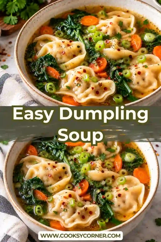 Easy Dumpling Soup served with tender dumplings, carrots, fresh spinach, and sliced green onions in a savory broth. The warm dumpling soup is finished with sesame seeds for a simple, comforting meal.