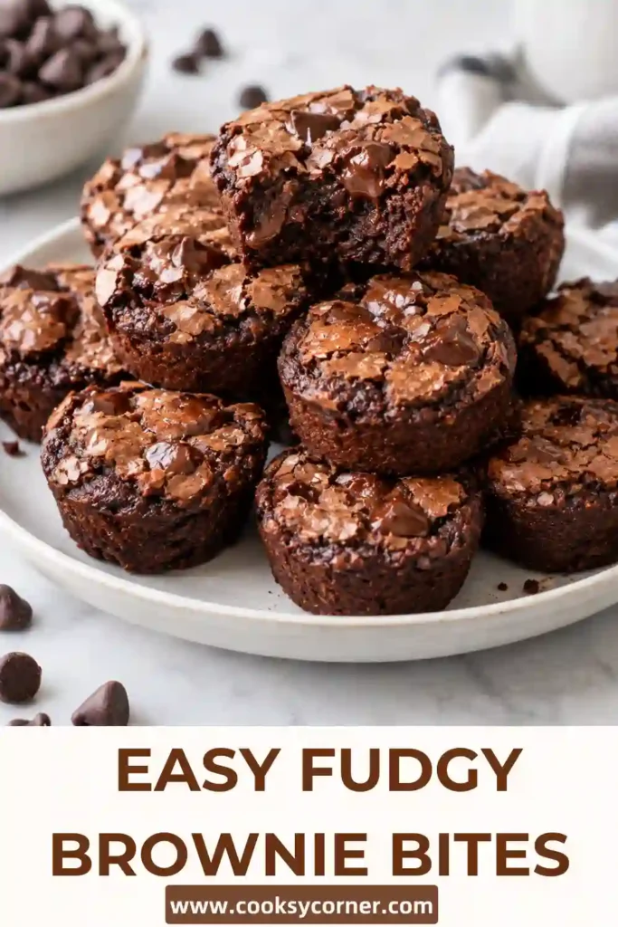 Freshly baked mini brownie bites with deep chocolate color and soft fudgy centers. These easy chocolate brownie bites are individually portioned for simple serving.