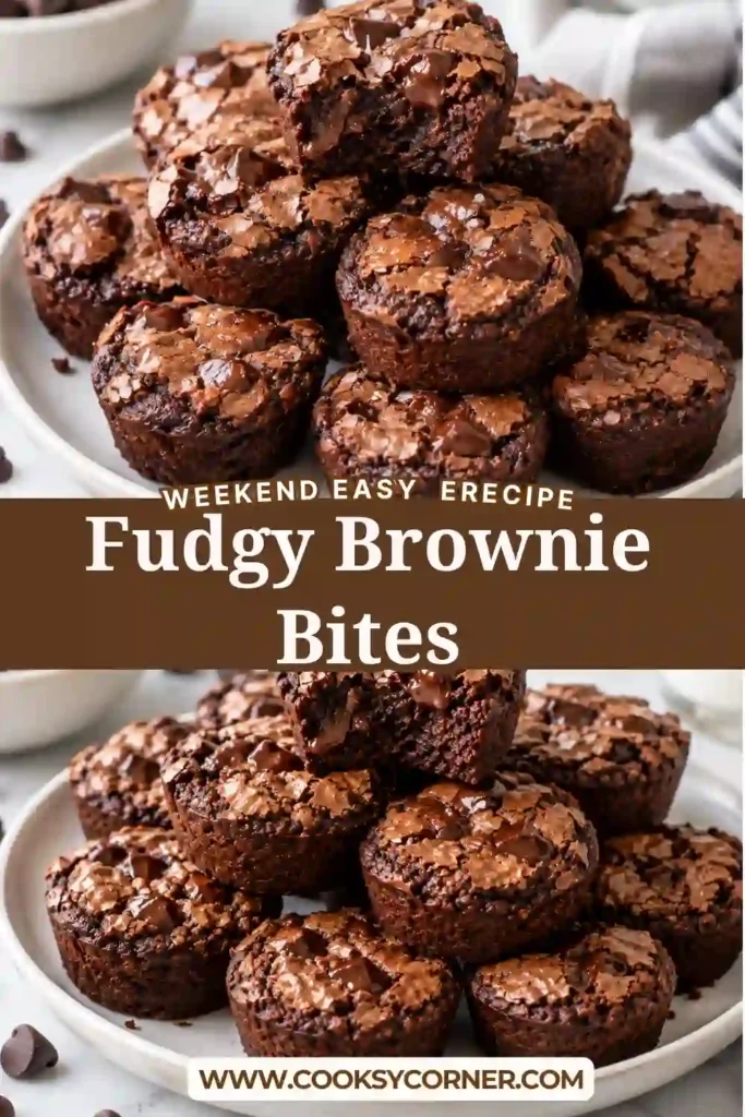 Homemade Fudgy Brownie Bites showing moist, dense chocolate centers and slightly crisp edges. The bite size brownies make an easy chocolate dessert for parties or everyday treats.