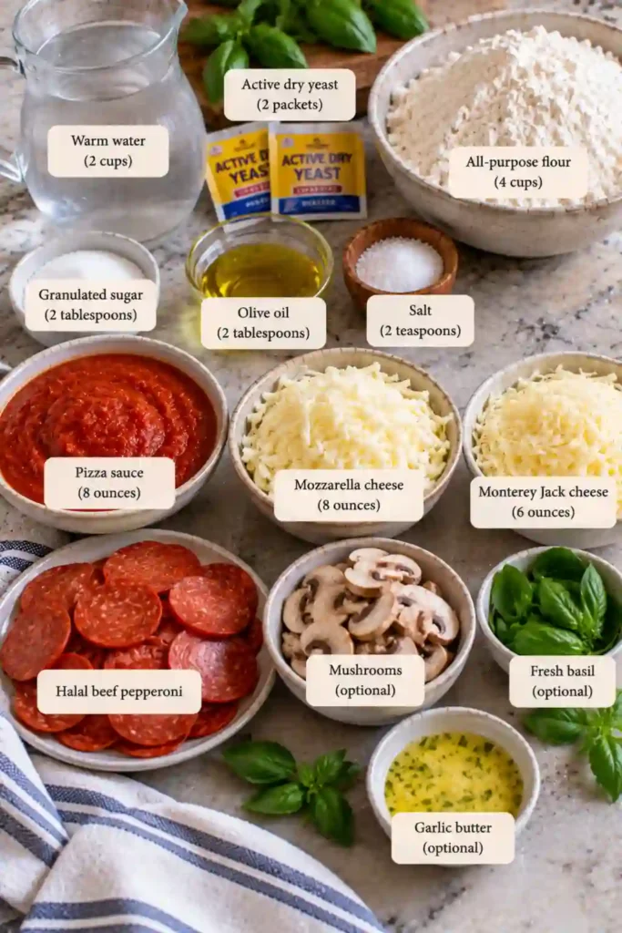 Parbaked homemade pizza crust topped with tomato sauce, shredded mozzarella, Monterey Jack, and halal beef pepperoni. The assembled pan pizza is ready for its final bake.