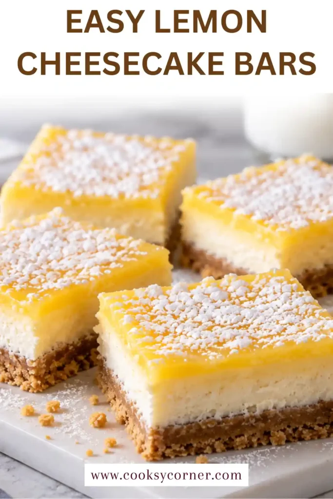 Easy Lemon Cheesecake Bars sliced into neat squares with a creamy lemon cheesecake layer and crumbly graham cracker crust. A delicate dusting of powdered sugar finishes the chilled dessert.