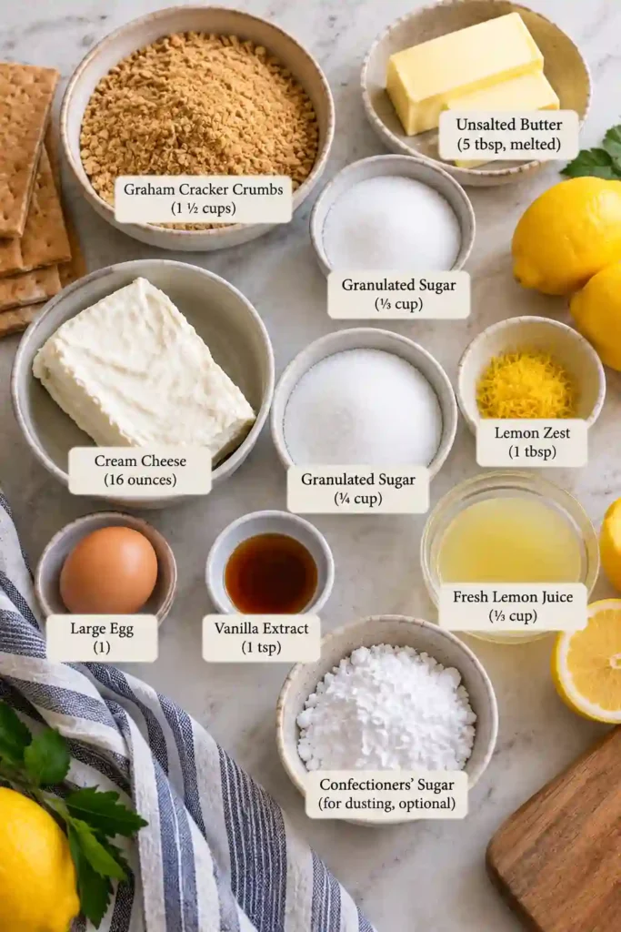 Creamy lemon cream cheese bars served on a ceramic plate with a buttery graham cracker crust and smooth lemon filling. Fresh lemon zest and confectioners' sugar create a simple, elegant finish.