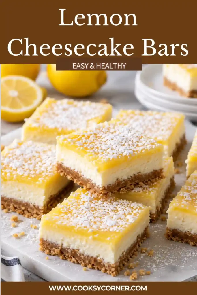 Homemade lemon cheesecake squares featuring a golden graham cracker base and thick, pale yellow cream cheese filling. Fresh lemon slices add a bright citrus touch to the dessert presentation.