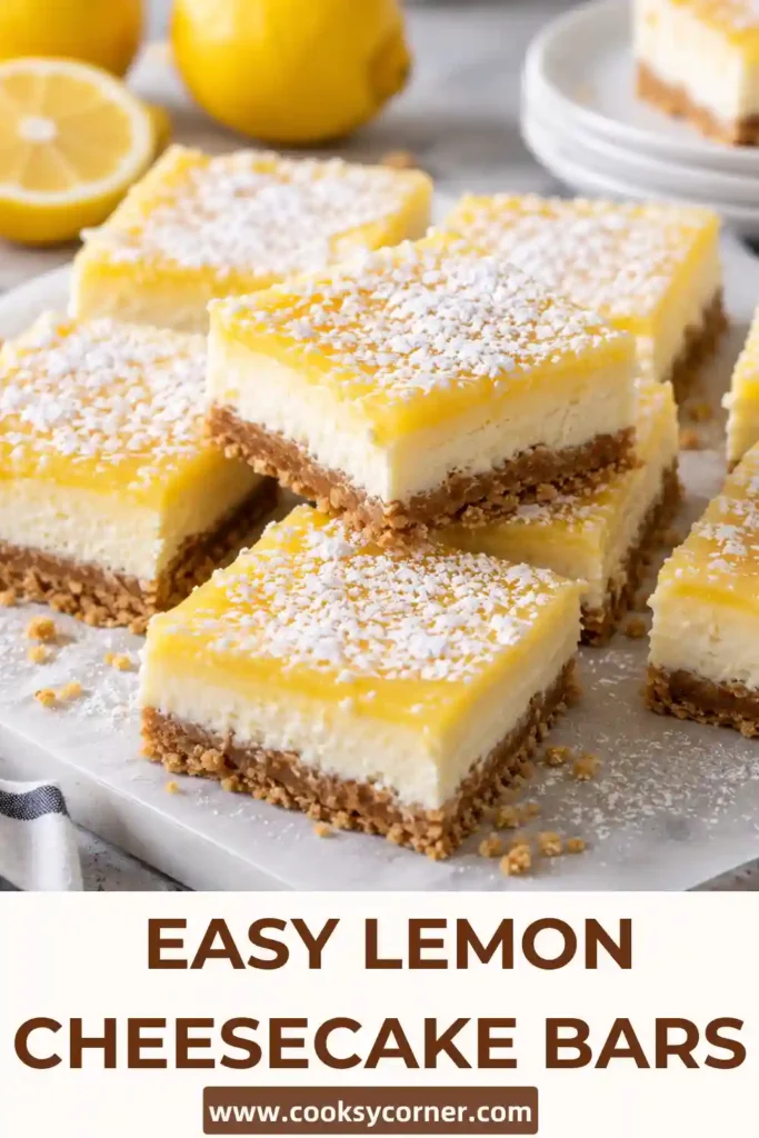 Lemon Cheesecake Bars with a buttery graham cracker crust and smooth, creamy lemon filling. The chilled cheesecake squares are lightly dusted with confectioners' sugar and arranged on a serving plate.