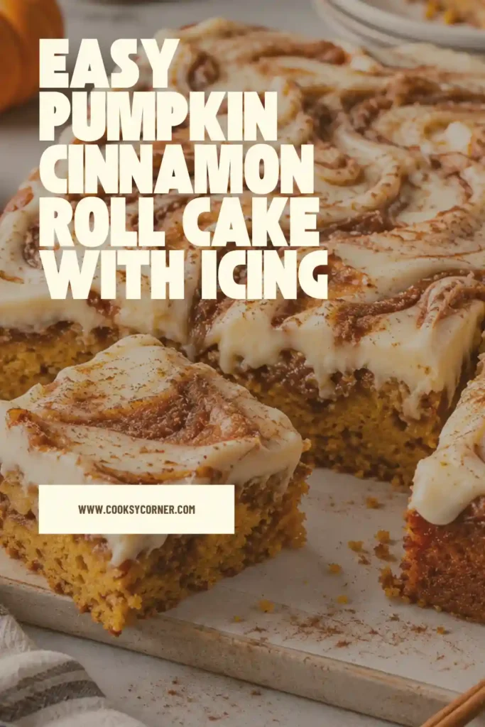 Warm pumpkin cake with cinnamon swirl topped with freshly poured powdered sugar icing. The white glaze drips gently across the cinnamon-spiced surface of the cake