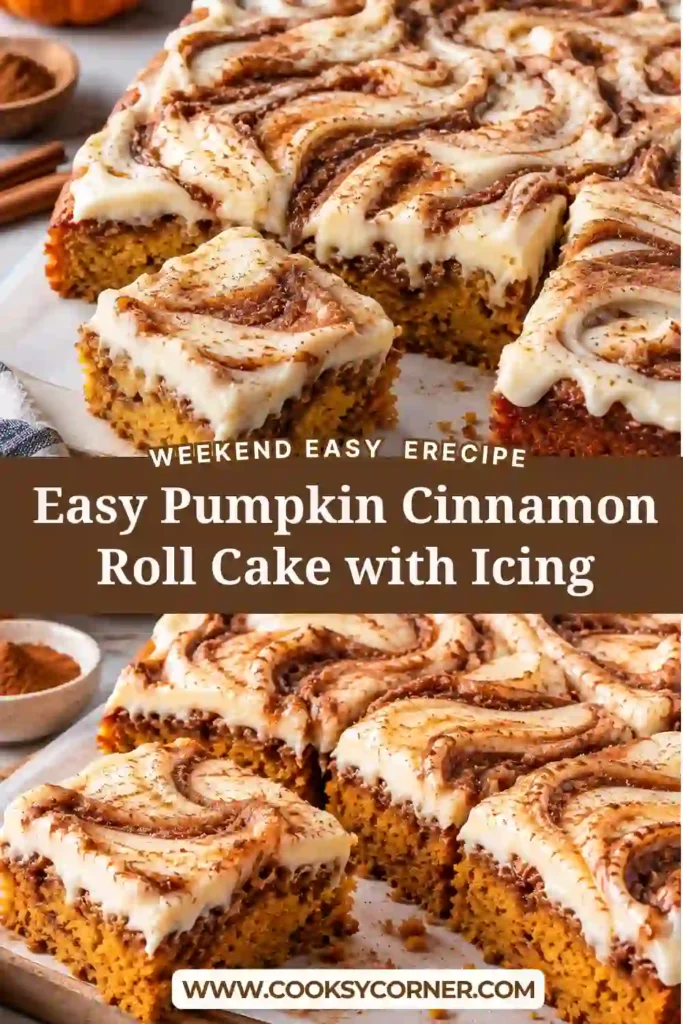 A sliced piece of pumpkin cinnamon roll cake showing moist pumpkin crumb, cinnamon-sugar ribbons, and sweet white icing. Warm pumpkin spices give the cake a rich autumn color.
