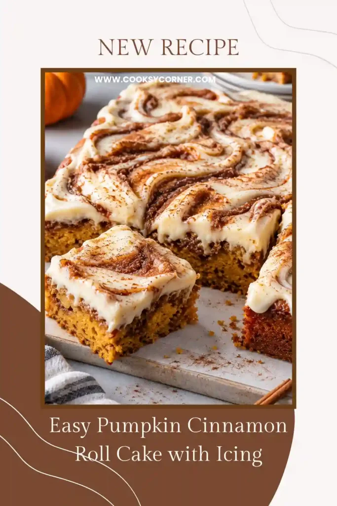 Easy Pumpkin Cinnamon Roll Cake baked in a rectangular pan with visible cinnamon swirls and white powdered sugar icing. The moist pumpkin cake has a warm golden-orange color and a soft glazed surface.