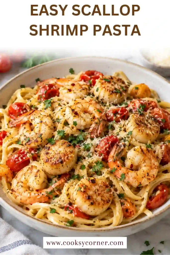 An overhead view of seafood pasta with cherry tomatoes features shrimp, seared scallops, and linguine arranged on a white ceramic plate. Fresh parsley and a light lemon garlic butter sauce give the finished dish a colorful, inviting appearance.