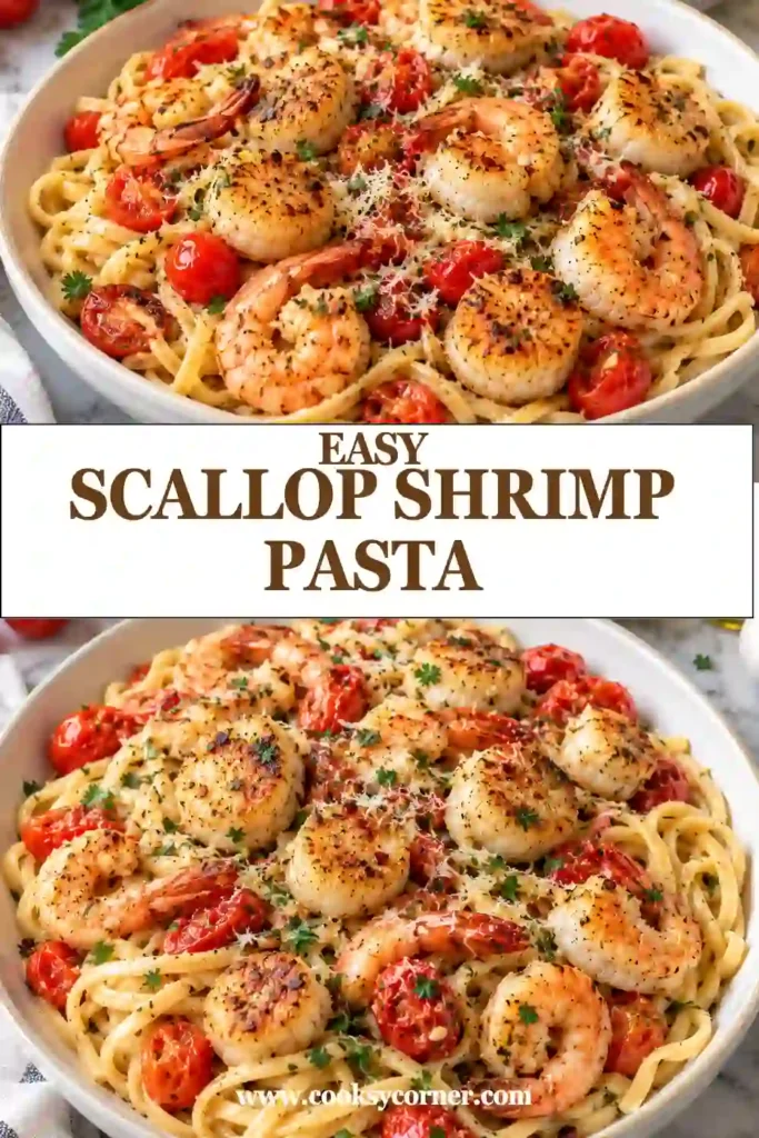 A close-up of scallop and shrimp pasta shows golden scallops, pink shrimp, and juicy cherry tomatoes nestled among tender pasta strands. The seafood is coated in a glossy garlic butter sauce and finished with fresh herbs.