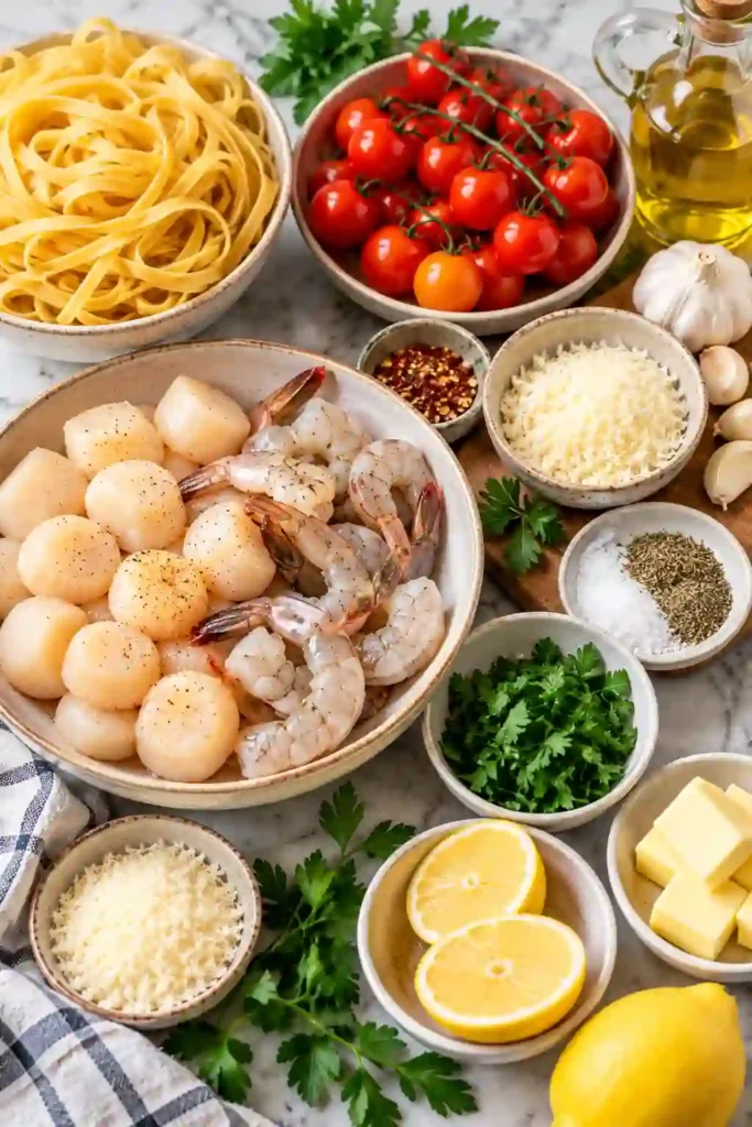 A rustic skillet holds shrimp and scallop pasta with burst cherry tomatoes, tender linguine, and freshly chopped parsley. The seafood and pasta are tossed in a fragrant garlic butter sauce for a comforting family-style dinner.