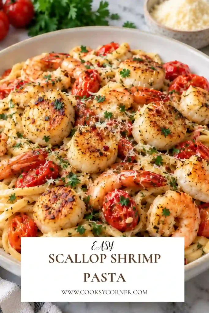 A generous plate of scallop shrimp pasta features golden-seared scallops, tender shrimp, and burst cherry tomatoes tossed with linguine. Fresh parsley and a glossy garlic butter sauce complete this colorful seafood dinner.
