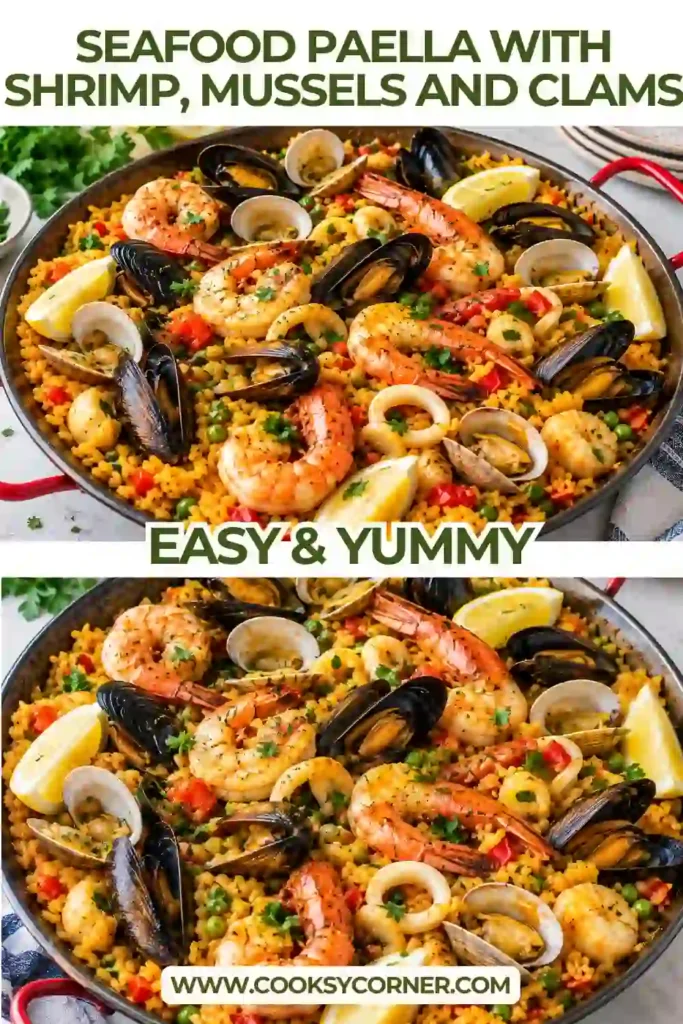 Easy seafood paella served in a large pan with shrimp, mussels, clams, and pieces of white fish over smoky tomato rice. Fresh herbs and lemon wedges add color around the seafood.