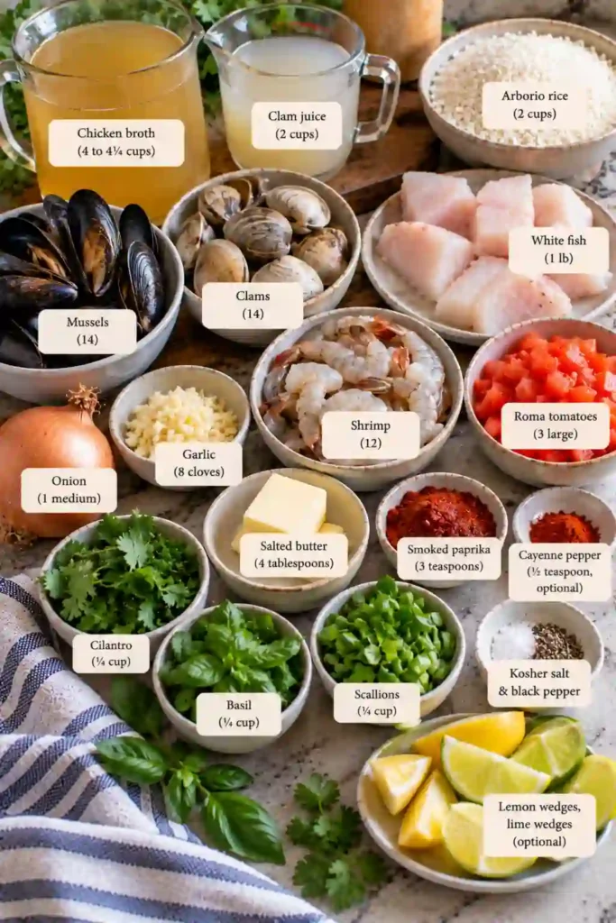 A serving of easy seafood paella on a plate with shrimp, mussels, clams, white fish, and tomato-seasoned Arborio rice. A lemon wedge and fresh cilantro sit alongside the rice.