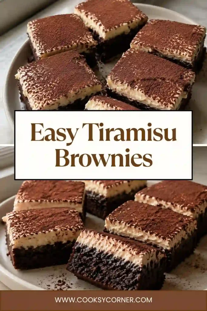 Fudgy tiramisu brownies featuring rich chocolate brownie squares topped with smooth mascarpone coffee cream. A fine layer of cocoa powder creates the classic tiramisu-inspired finish.