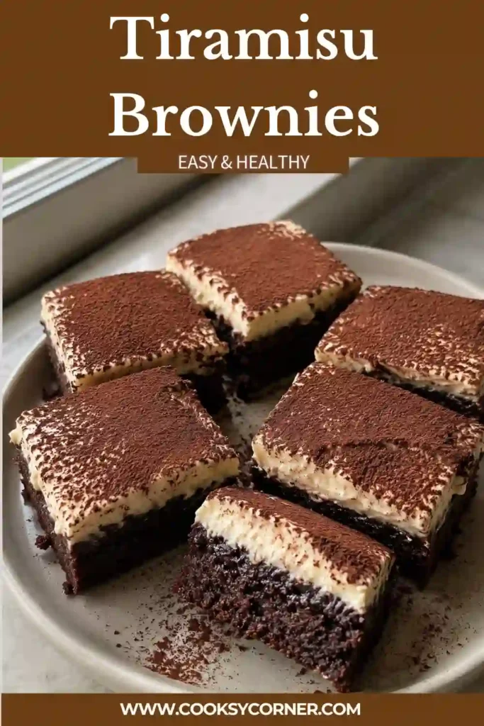 Tiramisu Brownies with a thick fudgy chocolate base topped with fluffy coffee mascarpone cream and cocoa powder. The chilled dessert bars show distinct dark chocolate and creamy white layers.