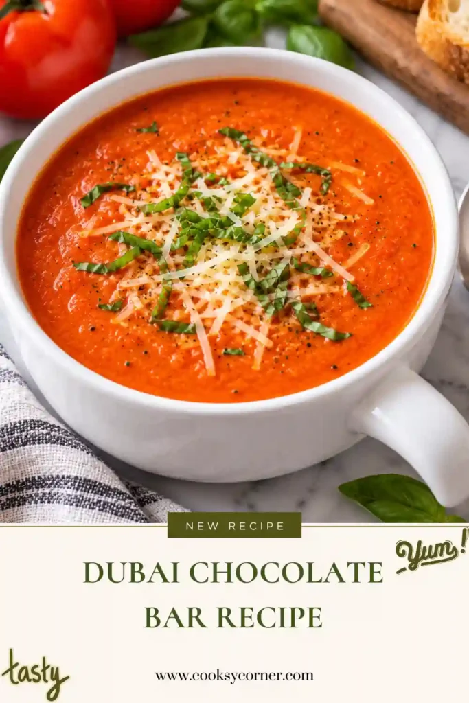 Tomato basil soup made with crushed tomatoes, garlic, cream, and Parmesan. The velvety red soup is garnished with fresh basil and a light drizzle of cream.