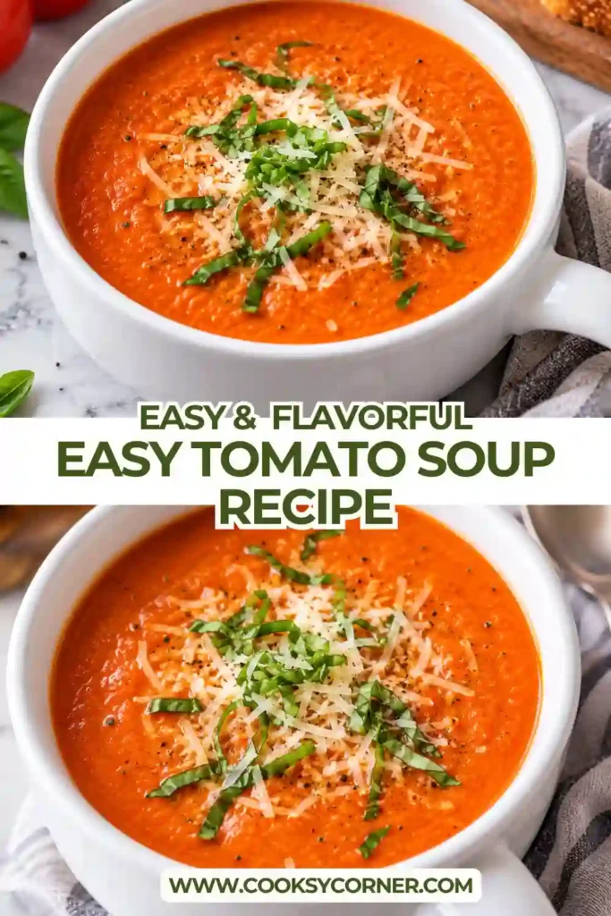 Creamy homemade tomato soup topped with Parmesan cheese, fresh basil, and black pepper. A bowl of smooth tomato basil soup is served alongside toasted bread.