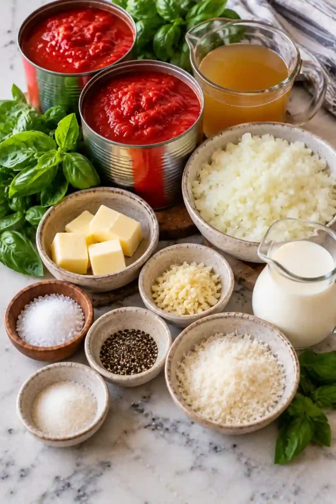 Easy creamy tomato soup in a rustic bowl with Parmesan and chopped fresh basil. Golden toasted bread sits beside the warm homemade soup for a comforting meal.
