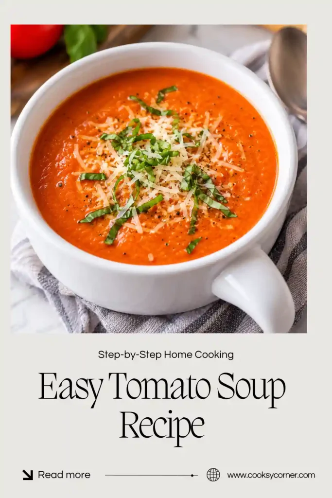 Easy Tomato Soup Recipe served in a bowl with a swirl of cream, freshly grated Parmesan, and green basil leaves. The creamy tomato soup has a smooth, vibrant red-orange texture