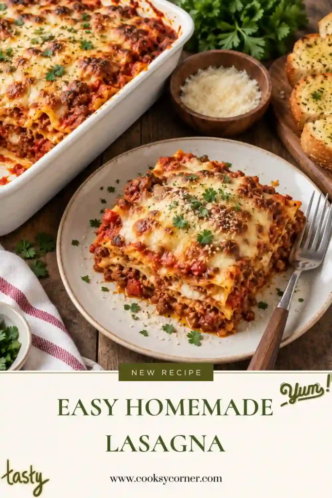 Close-up of cheesy homemade lasagna with melted mozzarella stretching between layers of pasta and beef sauce. Creamy ricotta and rich tomato sauce create a hearty classic beef lasagna.