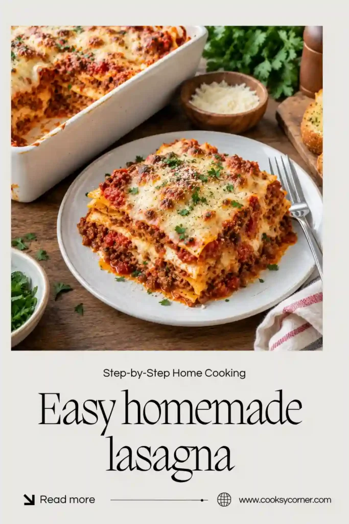 Freshly baked homemade lasagna in a rectangular baking dish with bubbling mozzarella and golden Parmesan cheese. This oven baked lasagna features a rich beef tomato sauce and layers of creamy ricotta.