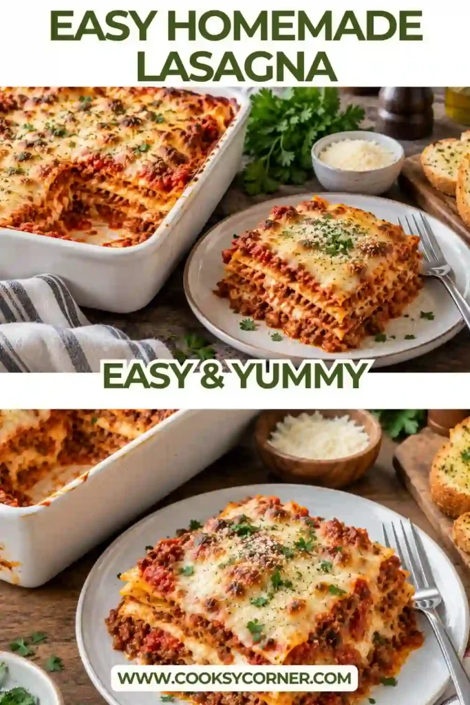 A thick slice of homemade lasagna with layers of tender pasta, savory beef tomato sauce, creamy ricotta, and melted mozzarella. The classic beef lasagna is served warm with a golden cheese topping and fresh herbs.
