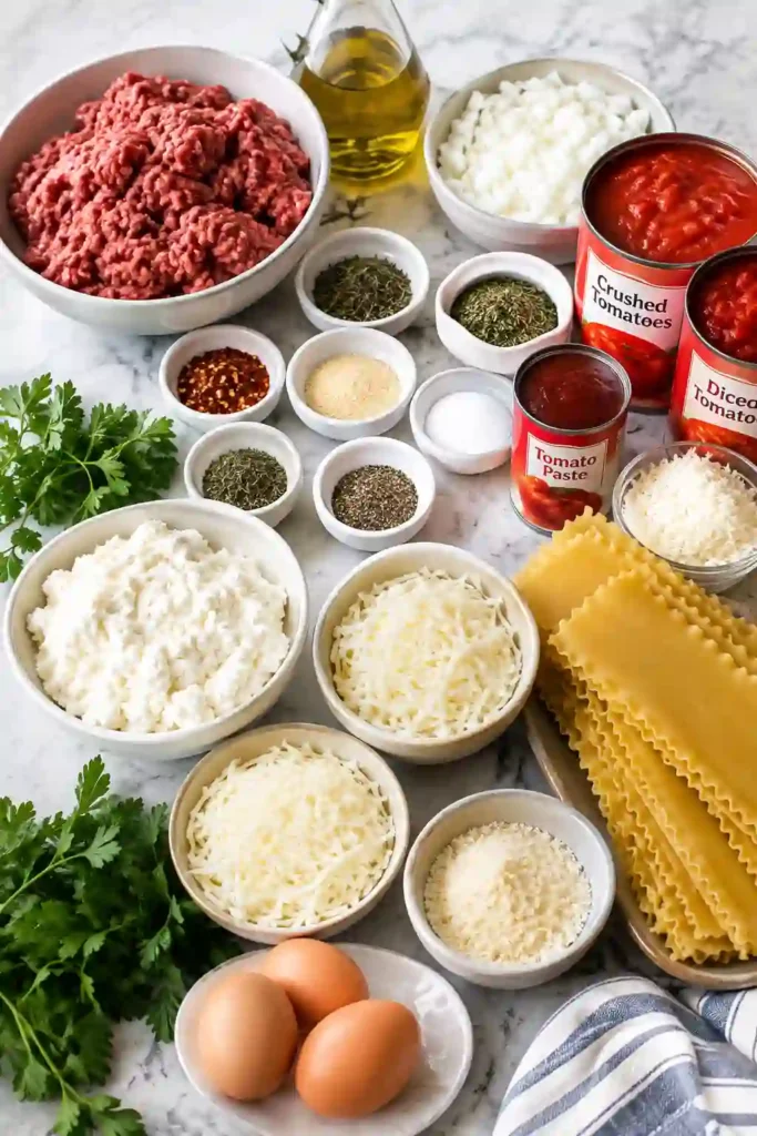 Homemade lasagna served as a family dinner with garlic bread and a fresh green salad. The classic beef lasagna features golden melted cheese, tender pasta, and a rich homemade meat sauce.