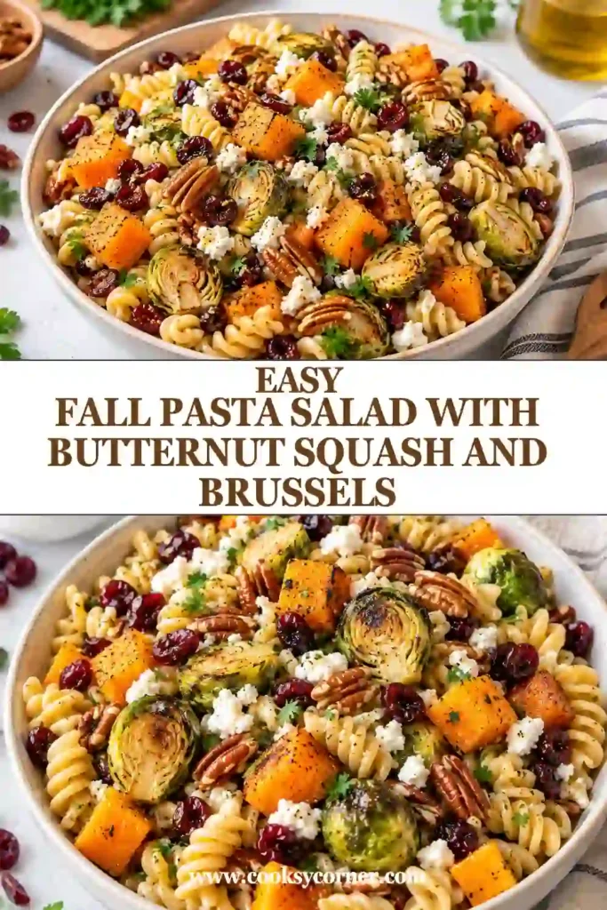 Butternut squash pasta salad with roasted Brussels sprouts, crumbled feta, dried cranberries, and toasted pecans. Rotini pasta is coated in a glossy maple Dijon dressing.