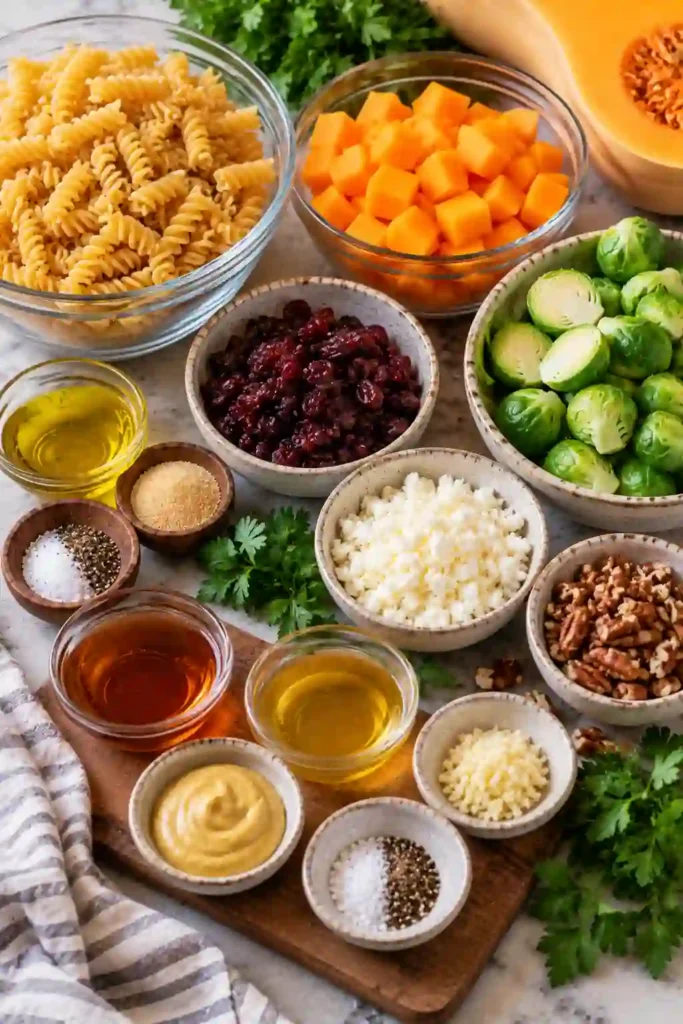 1. Fall Pasta Salad with Butternut Squash and Brussels served with rotini, roasted squash, caramelized Brussels sprouts, dried cranberries, feta, and pecans. Fresh parsley adds a colorful finish.