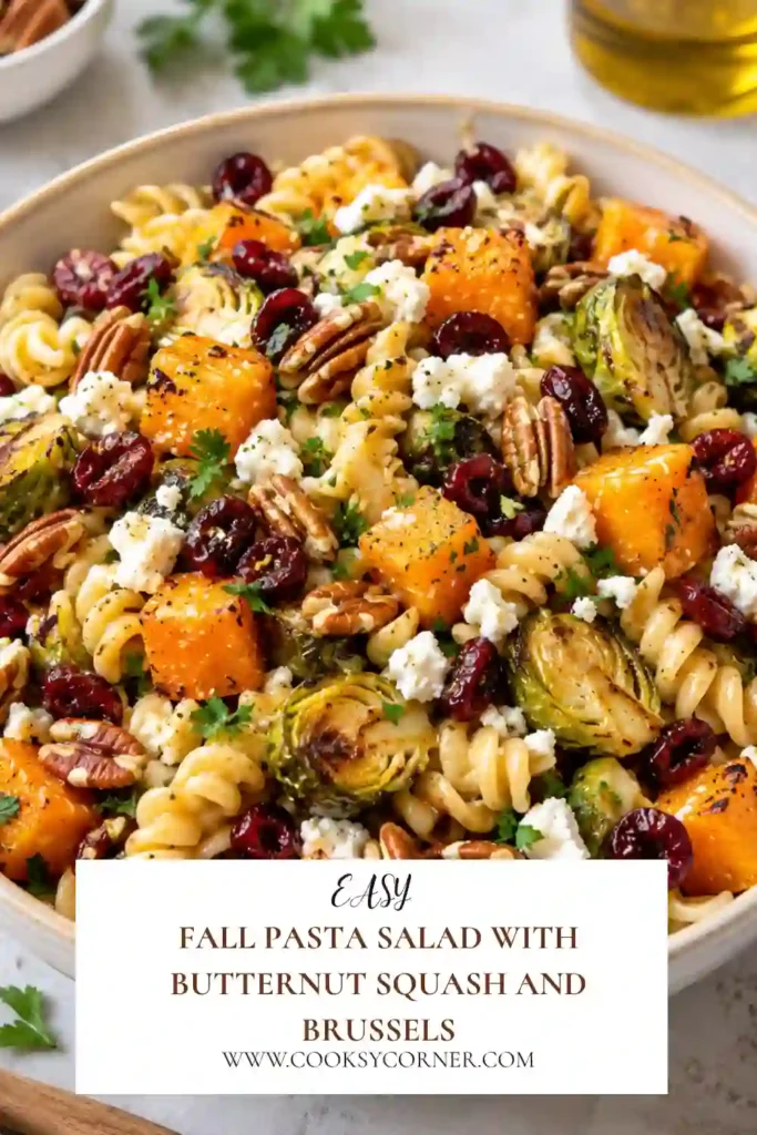 Colorful autumn pasta salad filled with golden butternut squash, Brussels sprouts, cranberries, feta cheese, and crunchy pecans. The salad is tossed with sweet and tangy maple Dijon dressing
