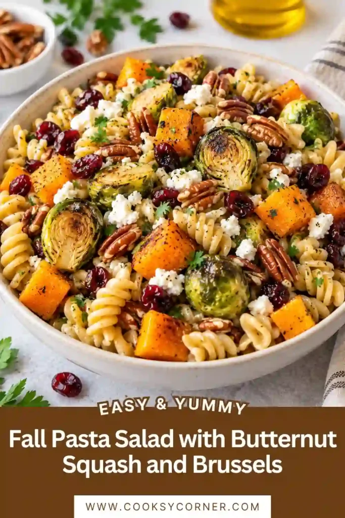 Thanksgiving pasta salad with rotini, roasted fall vegetables, dried cranberries, feta, toasted pecans, and parsley. Caramelized butternut squash and Brussels sprouts give the salad warm autumn colors.