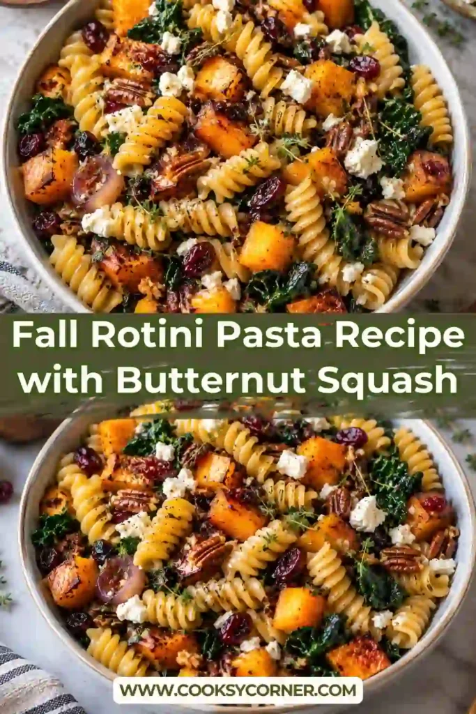 Fall rotini pasta tossed with tender butternut squash, browned Brussels sprouts, spinach, and crumbled goat cheese. Toasted pine nuts add a crunchy finish to this seasonal vegetarian pasta.