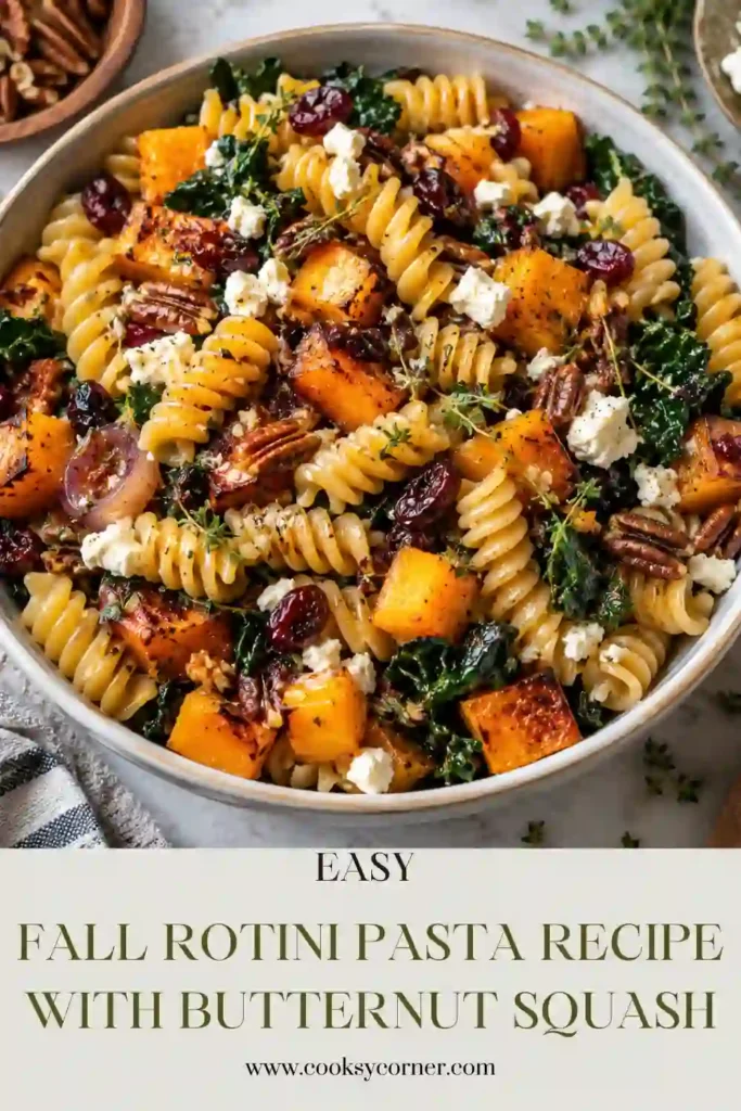 Warm butternut squash pasta with roasted Brussels sprouts, creamy goat cheese, spinach, and pine nuts. Fresh herbs and golden squash create a colorful autumn pasta dinner.