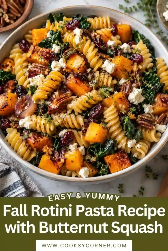 Fall Rotini Pasta Recipe with Butternut Squash featuring caramelized Brussels sprouts, baby spinach, goat cheese, and toasted pine nuts. Rotini pasta is coated in a fragrant lemon brown butter sauce.