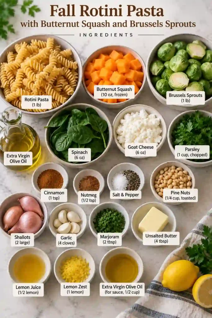 Vegetarian fall pasta with rotini, golden butternut squash, Brussels sprouts, goat cheese, and fresh herbs. A lemon brown butter sauce coats the colorful autumn vegetables and pasta.