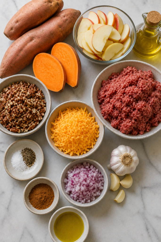 Sweet potato and beef sausage bake filled with tender apples, warm cinnamon, crunchy pecans, and cheddar cheese. The casserole is baked until golden and bubbling around the edges.