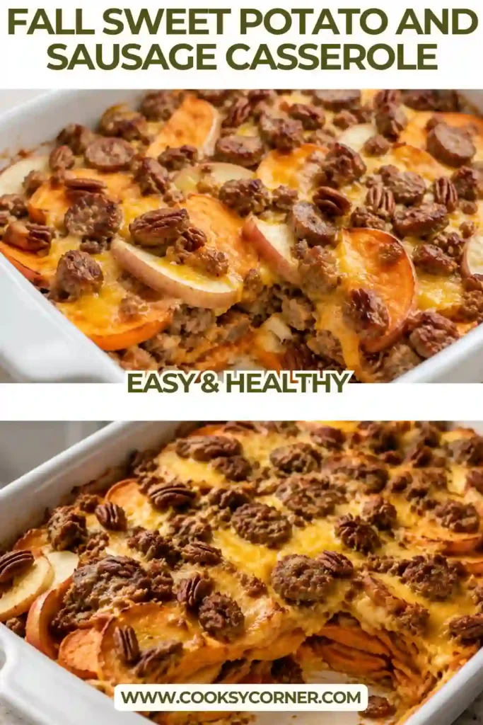 Fall casserole with sweet potatoes, crumbled beef sausage, sliced apples, toasted pecans, cinnamon, and melted cheddar. Golden cheese covers the warm and colorful autumn filling.