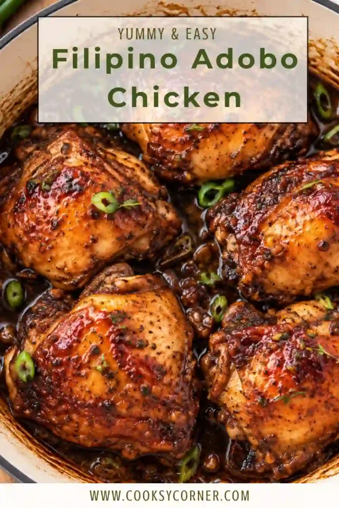 Homemade Filipino Adobo Chicken featuring juicy chicken thighs in a rich, tangy adobo sauce. This easy chicken adobo combines soy sauce, vinegar, garlic, black peppercorns, and bay leaves.