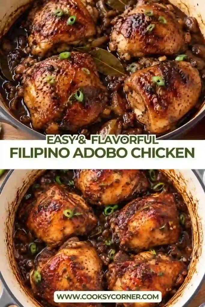 Baked Filipino Adobo Chicken with golden-brown chicken thighs surrounded by a glossy savory sauce. The Filipino chicken recipe features classic adobo flavors of garlic, vinegar, soy sauce, peppercorns, and bay leaves.