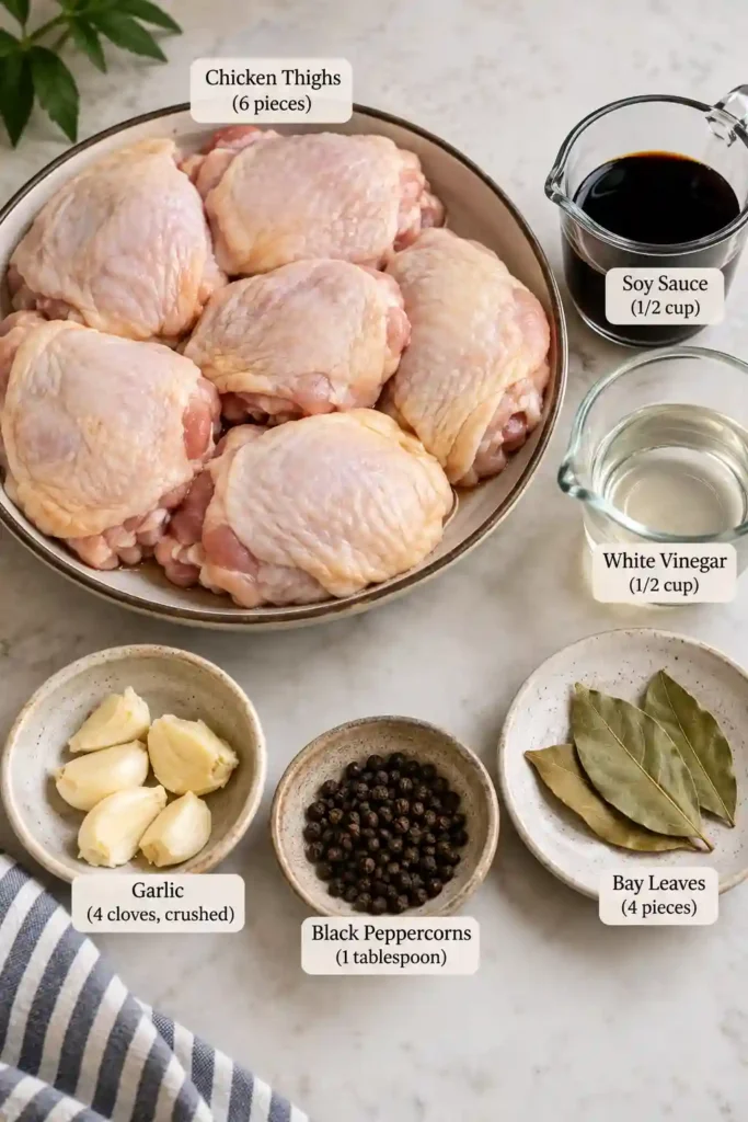 Easy Filipino Adobo Chicken served hot with a rich soy and vinegar sauce. Tender chicken thighs are baked with garlic, bay leaves, and black peppercorns for a flavorful family dinner.