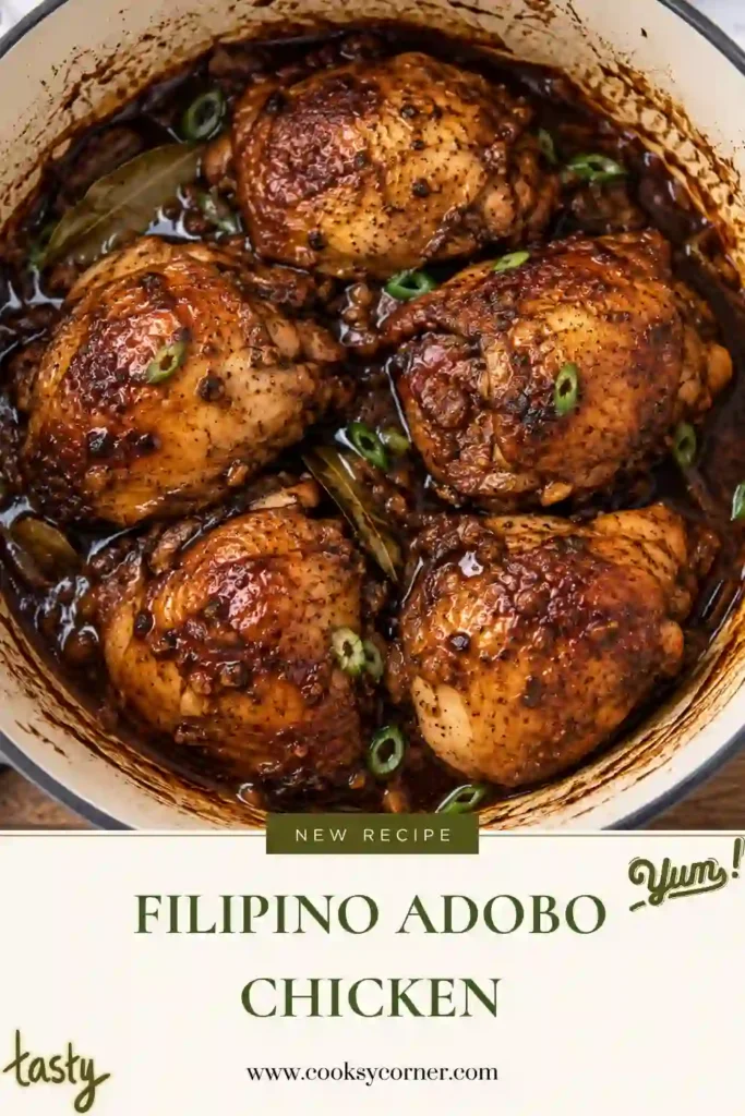 Filipino Adobo Chicken served with tender bone-in chicken thighs coated in a savory soy, vinegar, and garlic sauce. The baked chicken adobo is browned on top and finished with aromatic bay leaves and peppercorns.